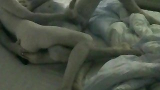 Wife jerks my cock and squeezes balls, with cumshot - hidden cam